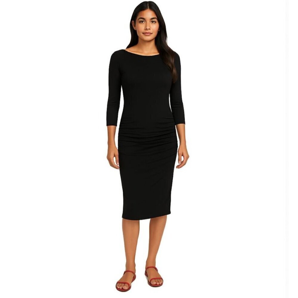 James Perse Black Ruched Midi Dress Size 1 (small) 3/4 Sleeve WKVT6936